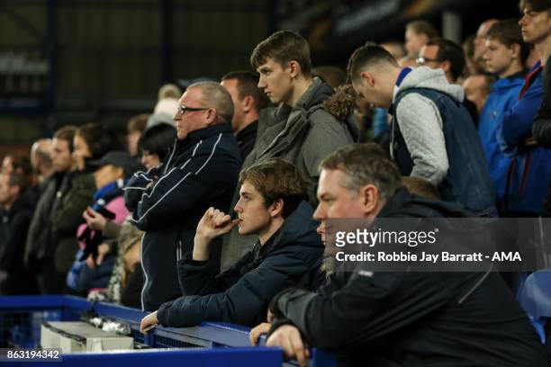 Dejected fans of Everton look on during the UEFA Europa League group E match between Everton FC and Olympique Lyon at Goodison Park on October 19,...
