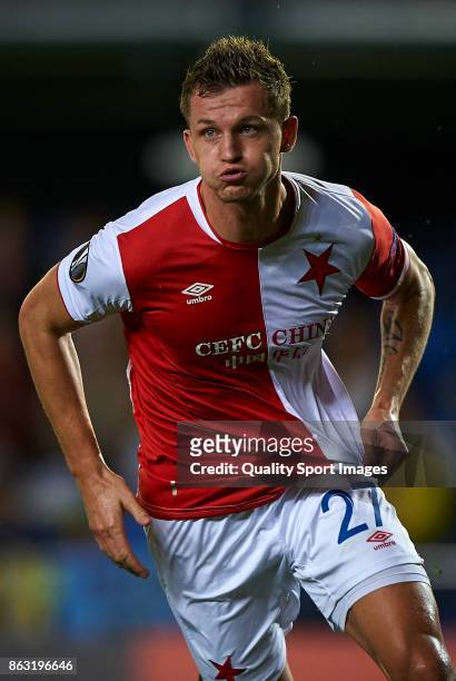 Tomas Necid of Slavia Praha celebrates after scoring the first goal during the UEFA Europa League group A match between Villarreal CF and Slavia...