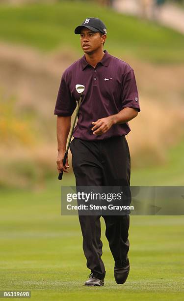 Tiger Woods reacts to his shot from the 16th fairway during the first round of the Target World Challenge Presented by Countrywide at the Sherwood...