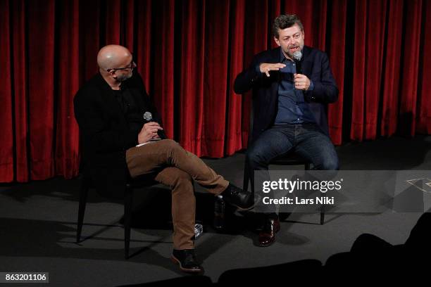 Moderator Joe Neumaier and director Andy Serkis on stage during The Academy of Motion Picture Arts & Sciences official academy screening of Breathe...