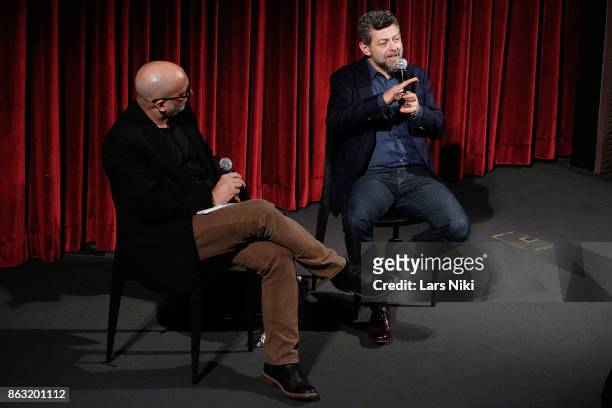 Moderator Joe Neumaier and director Andy Serkis on stage during The Academy of Motion Picture Arts & Sciences official academy screening of Breathe...