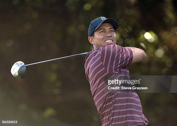 Tiger Woods hits from the seventh tee during the final round of the 2005 Target World Challenge Presented by Countrywide at the Sherwood Country Club...
