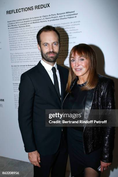 Benjamin Millepied and Babeth Djian attend the Art Exhibition Reflexion Redux of Benjamin Millepied and Barbara Kruger at Studio des Acacias on...