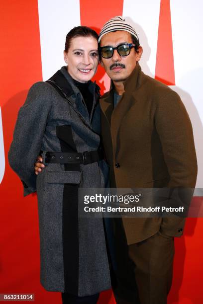 Marie-Agnes Gillot and stylist Haider Ackermann attend the Art Exhibition Reflexion Redux of Benjamin Millepied and Barbara Kruger at Studio des...