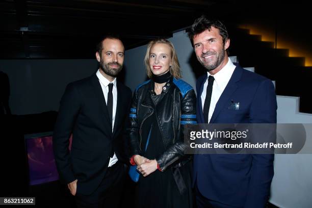 Benjamin Millepied, Camille Henrot and CEO of Mazarine Group Paul-Emmanuel Reiffers attend the Art Exhibition Reflexion Redux of Benjamin Millepied...