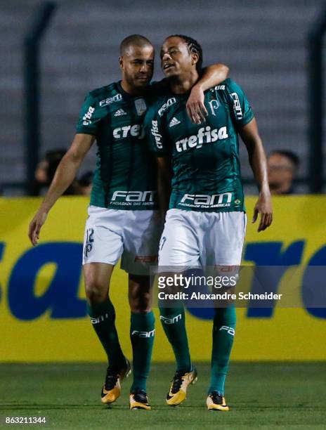 Mayke and Keno of Palmeiras celebrate their first goal during the match between Palmeiras and Ponte Preta for the Brasileirao Series A 2017 at...