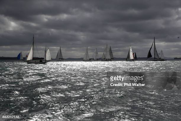 The fleet leaves Auckland Harbour and through the Rangitoto channel on October 20, 2017 in Auckland, New Zealand. The Coastal Classic Yacht Race from...