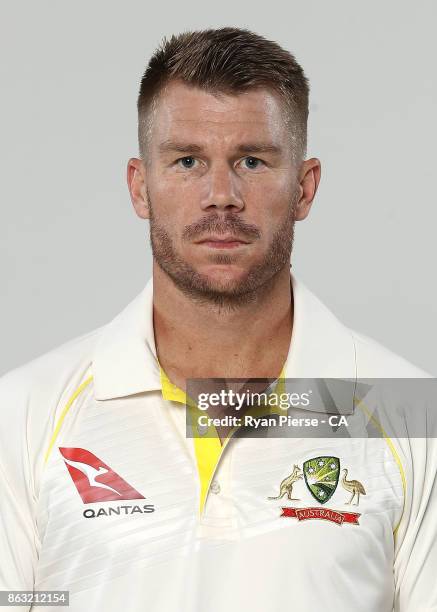 David Warner of Australia poses during the Australia Test Team Headshots Session at Intercontinental Double Bay on October 15, 2017 in Sydney,...