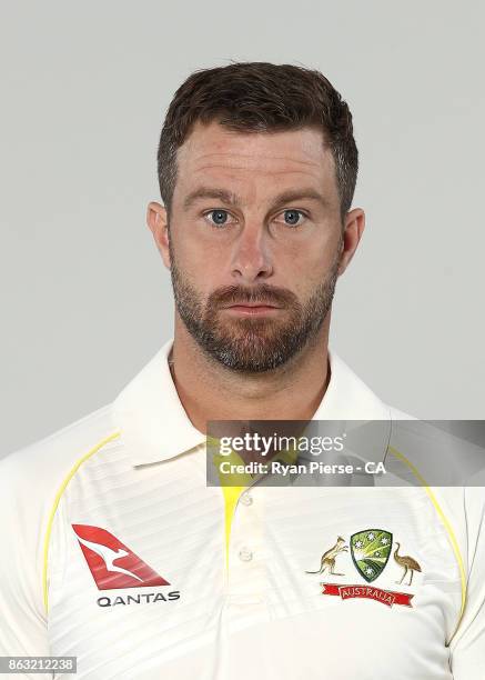 Matthew Wade of Australia poses during the Australia Test Team Headshots Session at Intercontinental Double Bay on October 15, 2017 in Sydney,...