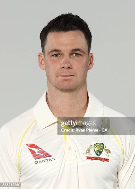 Peter Handscomb of Australia poses during the Australia Test Team Headshots Session at Intercontinental Double Bay on October 15, 2017 in Sydney,...
