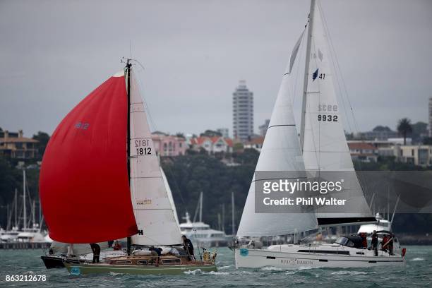 The fleet leaves Auckland Harbour and enters the Rangitoto channel at the start of the Coastal Classic on October 20, 2017 in Auckland, New Zealand....
