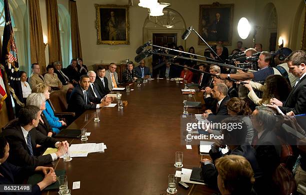 President Barack Obama speaks to his cabinet as Secretary of Defense Robert Gates, Energy Secretary Steven Chu , Commerce Secretary Gary Locke,...