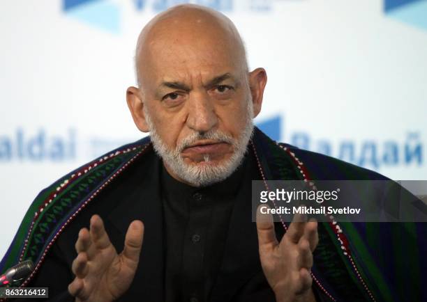 Former Afghan President Hamid Karzai speaks at a meeting with Valdai Discussion Club members on October 2017 in Sochi, Russia.
