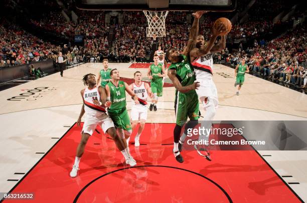 Archie Goodwin of the Portland Trail Blazers shoots the ball during the preseason game against the Maccabi Haifa on October 13, 2017 at the Moda...