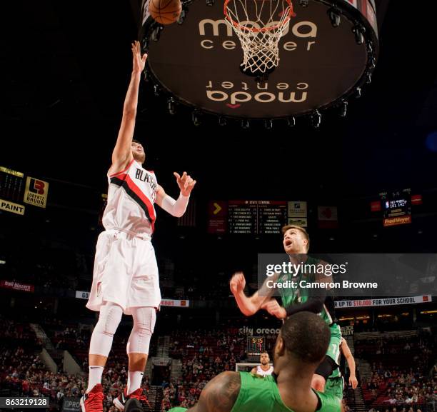 Jusuf Nurkic of the Portland Trail Blazers shoots the ball during the preseason game against the Maccabi Haifa on October 13, 2017 at the Moda Center...