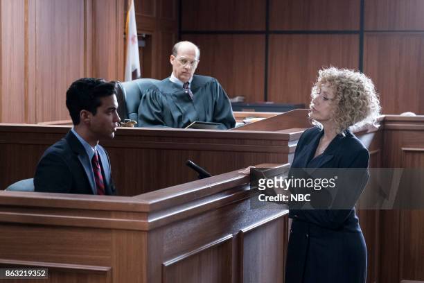 Episode 105 -- Pictured: Davi Santos as Andy Cano, Anthony Edwards as Judge Stanley Weisberg, Edie Falco as Leslie Abramson --