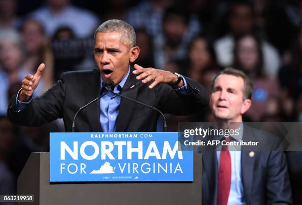 Former US President Barack Obama speaks during a campaign rally for Democratic Gubernatorial Candidate Ralph Northam in Richmond, Virginia October...