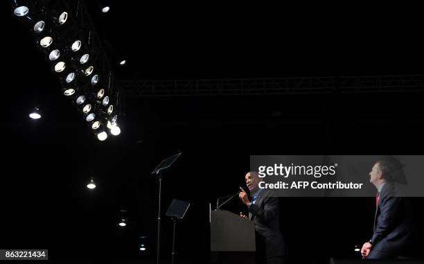 Former US President Barack Obama speaks during a campaign rally for Democratic Gubernatorial Candidate Ralph Northam in Richmond, Virginia October...