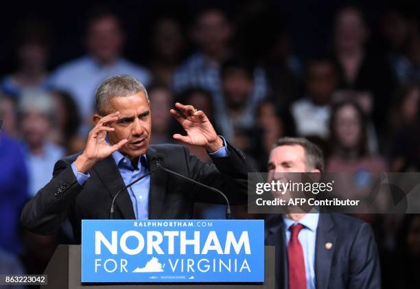 Former US President Barack Obama speaks during a campaign rally for Democratic Gubernatorial Candidate Ralph Northam in Richmond, Virginia October...