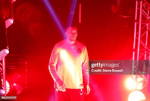 Toronto Raptors guard Norman Powell is introduced as the Toronto Raptors open their season against the Chicago Bulls at the Air Canada Centre in...