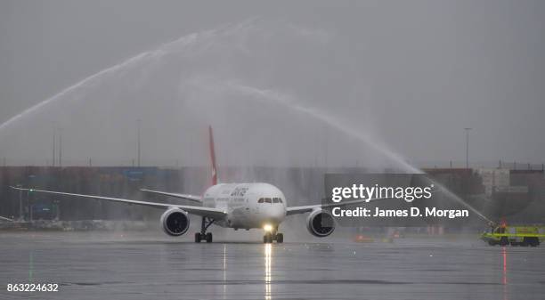 The new Qantas Boeing 787 Dreamliner arrives in Sydney for the first time on October 20, 2017 in Sydney, Australia.