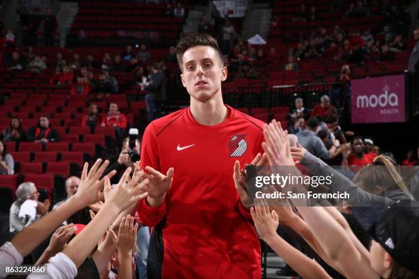 Zach Collins of the Portland Trail Blazers enters the arena before the preseason game against the Maccabi Haifa on October 13, 2017 at the Moda...