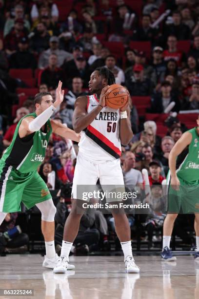 Caleb Swanigan of the Portland Trail Blazers handles the ball during the preseason game against the Maccabi Haifa on October 13, 2017 at the Moda...