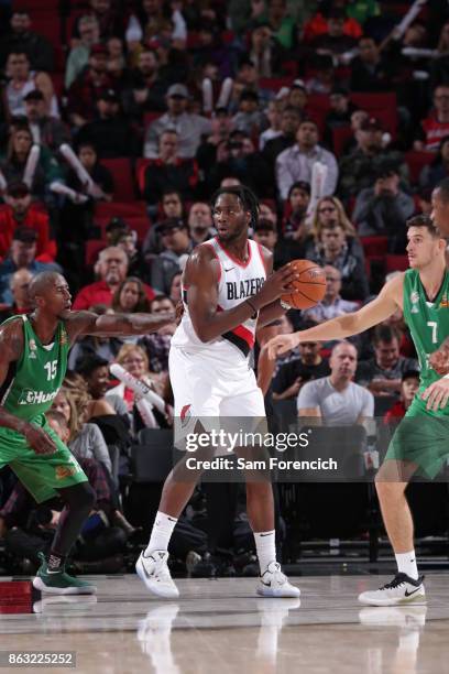 Caleb Swanigan of the Portland Trail Blazers handles the ball during the preseason game against the Maccabi Haifa on October 13, 2017 at the Moda...