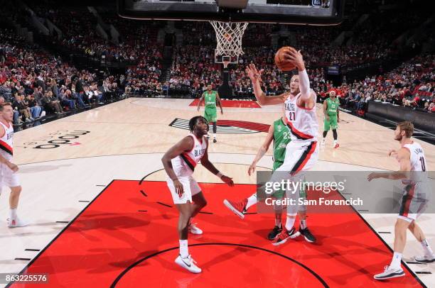 Jusuf Nurkic of the Portland Trail Blazers handles the ball during the preseason game against the Maccabi Haifa on October 13, 2017 at the Moda...