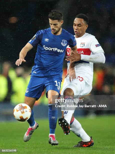 Kevin Mirallas of Everton and Kenny Tete of Olympique Lyonnais during the UEFA Europa League group E match between Everton FC and Olympique Lyon at...