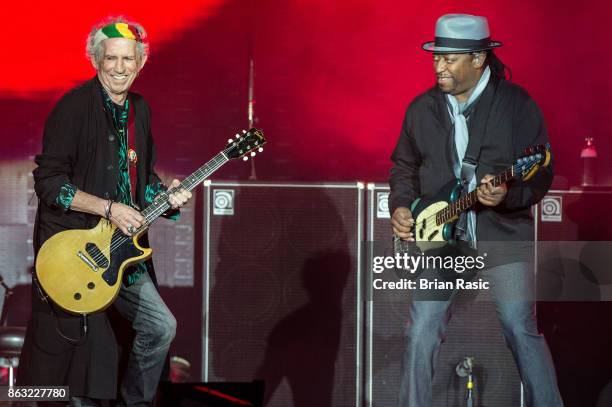 Keith Richards and Daryl Jones of The Rolling Stones perform live on stage at U Arena on October 19, 2017 in Nanterre, France.