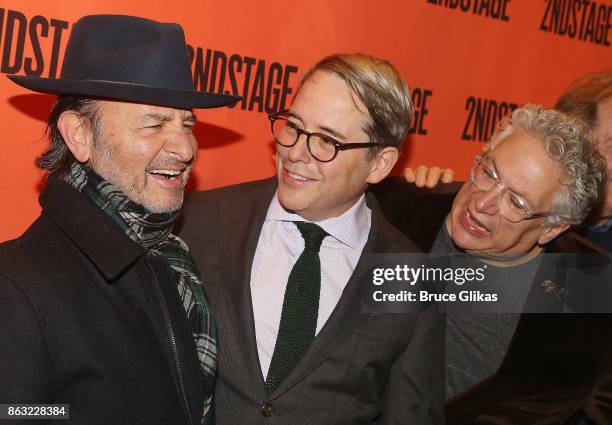 Fisher Stevens, Matthew Broderick and Harvey Fierstein pose at the Opening Night arrivals for "Torch Song" at The Second Stage Tony Kiser Theatre on...