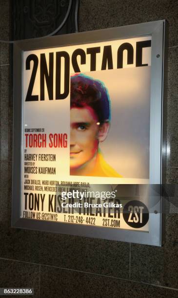 Signage at the Opening Night arrivals for "Torch Song" at The Second Stage Tony Kiser Theatre on October 19, 2017 in New York City.