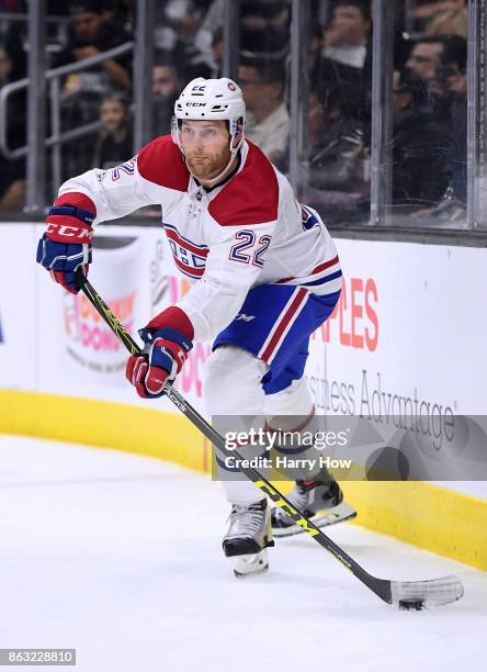 Karl Alzner of the Montreal Canadiens passes from behind the net against the Los Angeles Kings at Staples Center on October 18, 2017 in Los Angeles,...