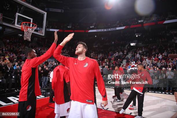 Jusuf Nurkic of the Portland Trail Blazers reacts before the preseason game against the Maccabi Haifa on October 13, 2017 at the Moda Center in...