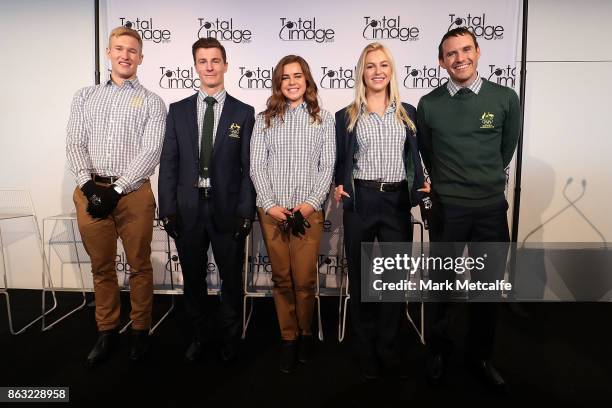 Athletes David Morris, Danielle Scott, Jarryd Hughes, Britt Cox and Matt Graham pose during the Australian Olympic Committee 2018 Winter Olympic...