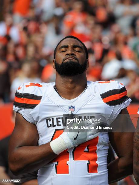 Defensive lineman Nate Orchard of the Cleveland Browns stands for the National Anthem prior to a game on October 8, 2017 against the New York Jets at...