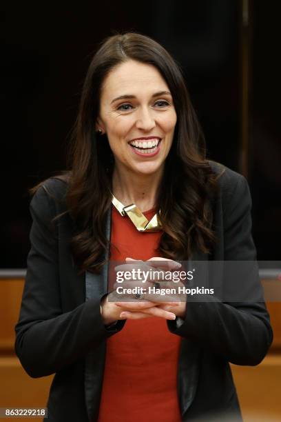 Labour leader and prime minister-elect, Jacinda Ardern, speaks to her MPs during a caucus meeting at Parliament on October 20, 2017 in Wellington,...