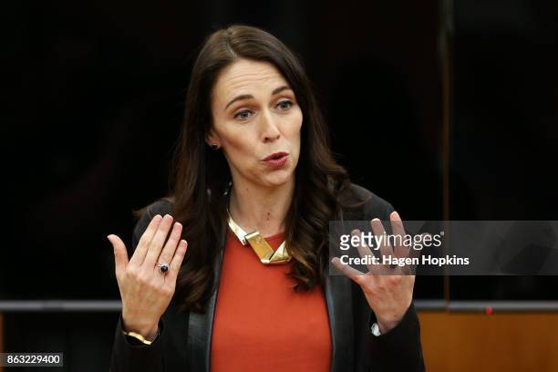 Labour leader and prime minister-elect, Jacinda Ardern, speaks to her MPs during a caucus meeting at Parliament on October 20, 2017 in Wellington,...