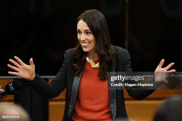 Labour leader and prime minister-elect, Jacinda Ardern, speaks to her MPs during a caucus meeting at Parliament on October 20, 2017 in Wellington,...