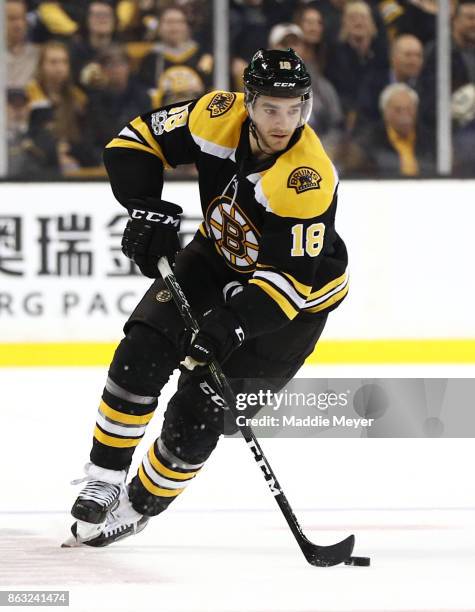 Kenny Agostino of the Boston Bruins skates against the Vancouver Canucks during the third period at TD Garden on October 19, 2017 in Boston,...