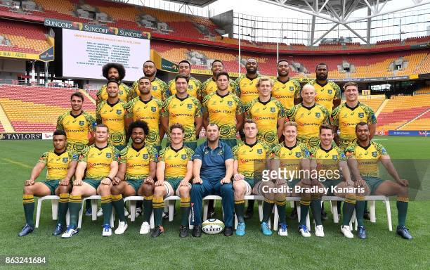 The Wallabies pose for a team photo during the Australian Wallabies Captain's Run at Suncorp Stadium on October 20, 2017 in Brisbane, Australia.