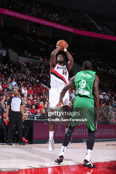 Caleb Swanigan of the Portland Trail Blazers shoots the ball during the preseason game against the Maccabi Haifa on October 13, 2017 at the Moda...