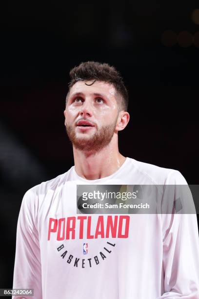 Jusuf Nurkic of the Portland Trail Blazers looks on before the preseason game against the Maccabi Haifa on October 13, 2017 at the Moda Center in...