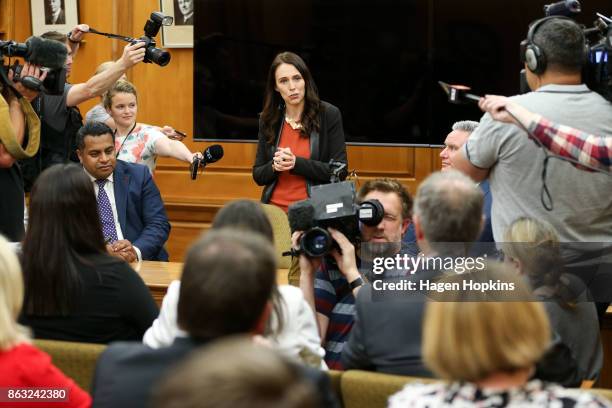 Labour leader and prime minister-elect, Jacinda Ardern, speaks to her MPs during a caucus meeting at Parliament on October 20, 2017 in Wellington,...