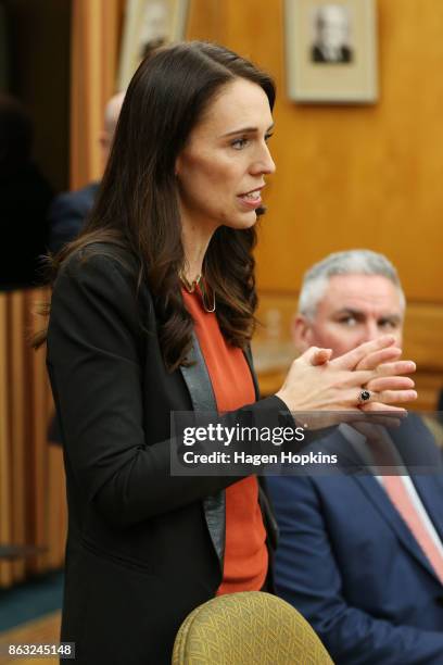 Labour leader and prime minister-elect, Jacinda Ardern, speaks to her MPs during a caucus meeting at Parliament on October 20, 2017 in Wellington,...