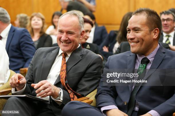 Labour MPs Phil Twyford and Tamati Coffey talk during a caucus meeting at Parliament on October 20, 2017 in Wellington, New Zealand. After weeks of...