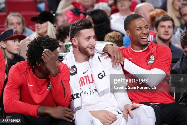 Jusuf Nurkic and Damian Lillard of the Portland Trail Blazers react during the preseason game against the Maccabi Haifa on October 13, 2017 at the...