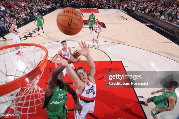 Pat Connaughton of the Portland Trail Blazers reaches for the ball during the preseason game against the Maccabi Haifa on October 13, 2017 at the...