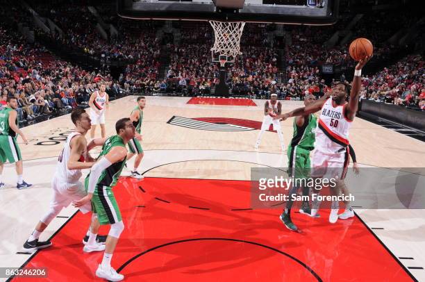 Caleb Swanigan of the Portland Trail Blazers shoots the ball during the preseason game against the Maccabi Haifa on October 13, 2017 at the Moda...